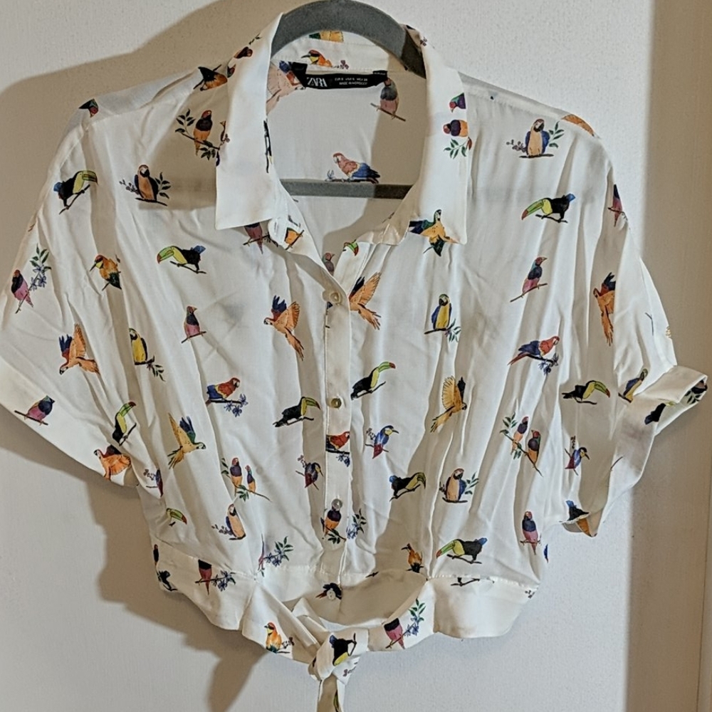 Zara Bird Print Tie Waist Crop Blouse White